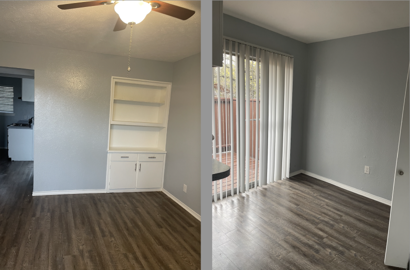 two photos of an empty room with a ceiling fan at The Hampton Gardens