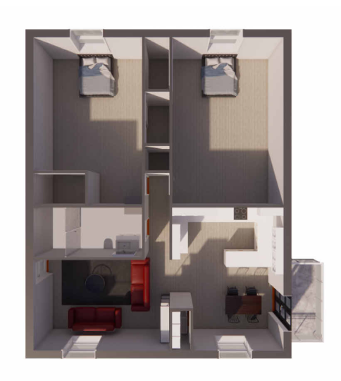 a 3d rendering of a two bedroom apartment at The Hampton Gardens